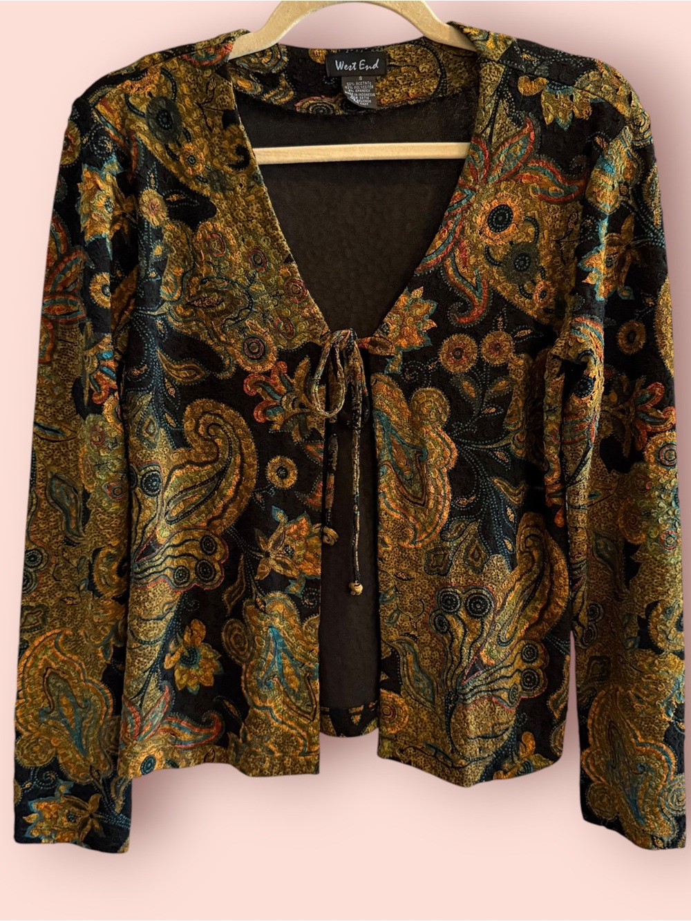 West End Paisley Tie Front Cardigan Top Small Black Mustard Boho Fall